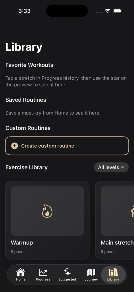 Screenshot of the Flexibl Library tab with favorites, saved routines, and exercise categories