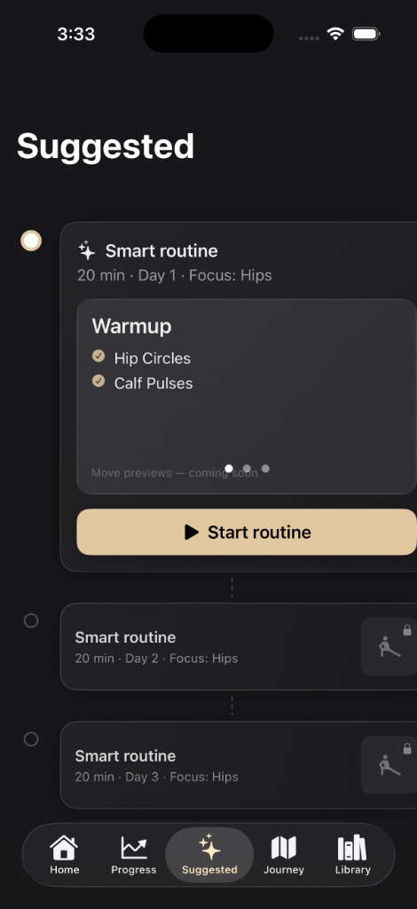 Screenshot of the Flexibl Suggested tab showing smart routines and day timeline